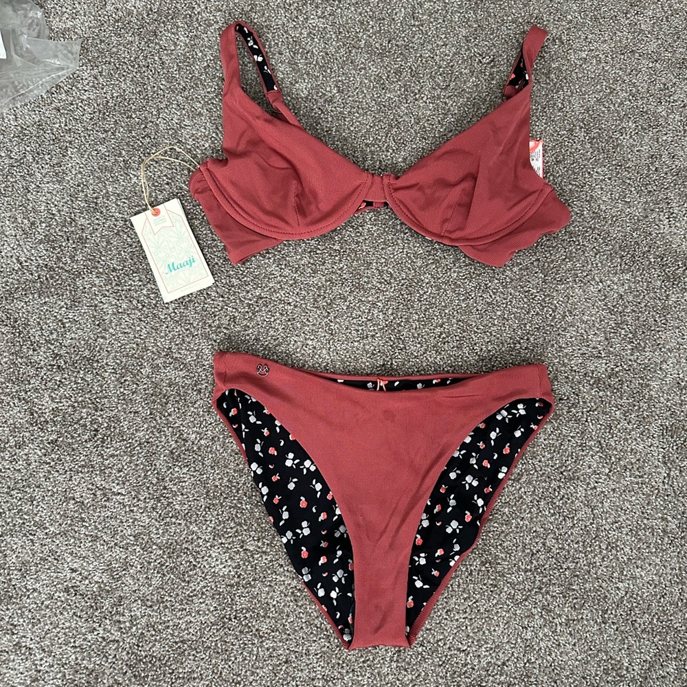 Maaji Two-Piece Glazed Granite Reversible Bikini in Terracotta & Black Floral
